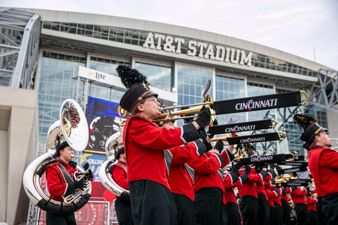 The University of Cincinnati Bearcat Band performs during the Battle of the Bands against the Million Dollar Band of the University of Alabama outside of AT & T Stadium presented by the Goodyear Cotton Bowl Classic Thursday, December 30, 2021, in Arlington, Texas.