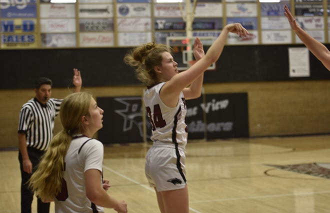 Emma Jensen gets a home bounce on a three point attempt for Pine View against Richfield. Jensen finished with 17 points to lead all scorers.