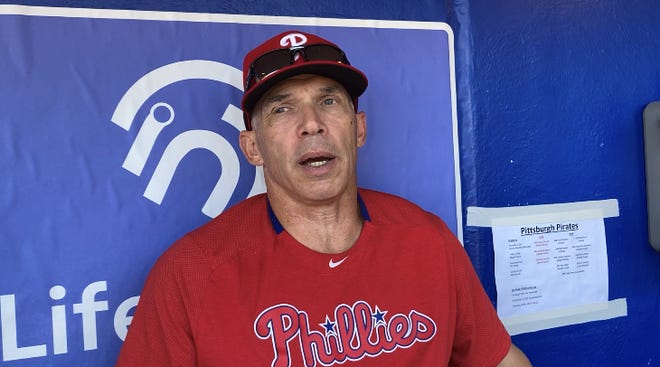 Manager Joe Girardi speaks to the media prior to a late September Phillies' game.