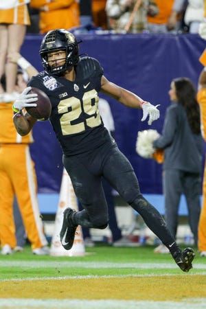 Purdue wide receiver Broc Thompson (29) runs into the end zone to score after a reception during the fourth quarter of the Music City Bowl, Thursday, Dec. 30, 2021, at Nissan Stadium in Nashville.