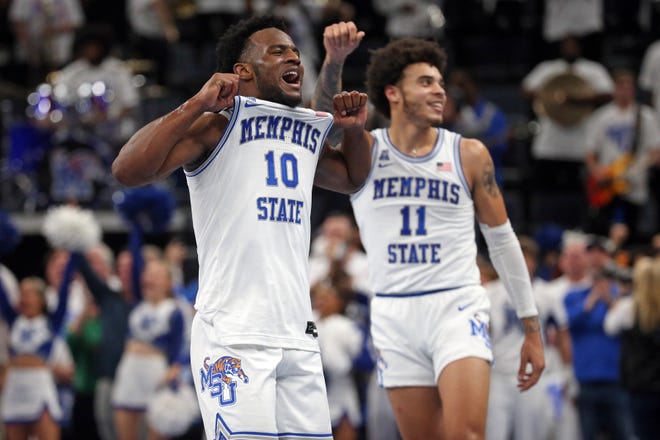 Dec 14, 2021; Memphis, Tennessee, USA; Memphis Tigers guard Alex Lomax (10) reacts after the Memphis Tigers defeated the Alabama Crimson Tide at FedExForum. Mandatory Credit: Petre Thomas-USA TODAY Sports