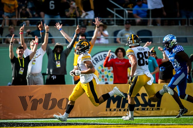 Iowa wide receiver Arland Bruce IV (10) has been a consistent producer during fall training for the Hawkeyes.