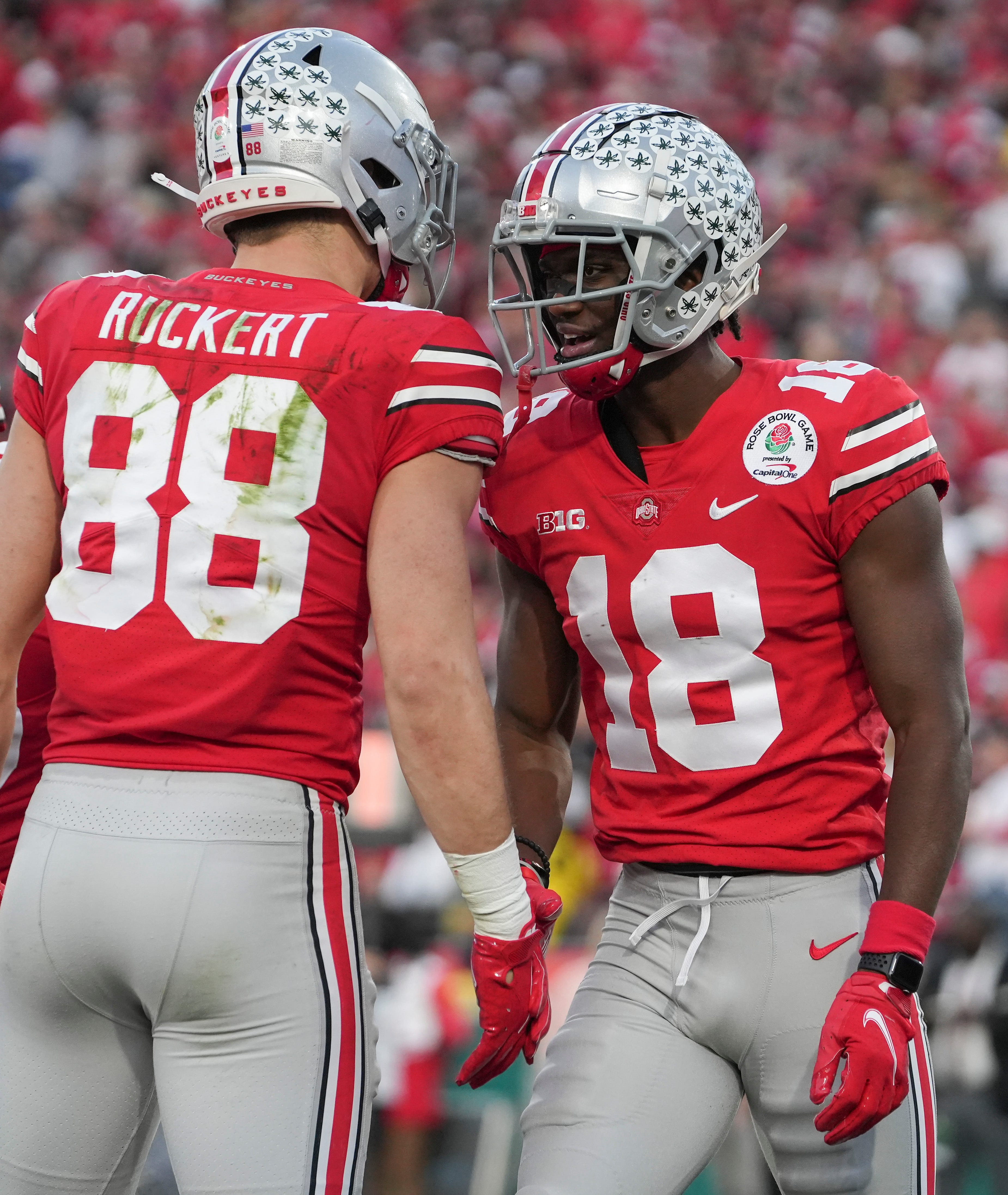 Sat., Jan. 1, 2022; Pasadena, California, USA; Ohio State Buckeyes wide receiver Marvin Harrison Jr. (18) celebrates with teammate Ohio State Buckeyes tight end Jeremy Ruckert (88) after Harrison scored a touchdown during the third quarter of the 108th Rose Bowl Game between the Ohio State Buckeyes and the Utah Utes at the Rose Bowl. 