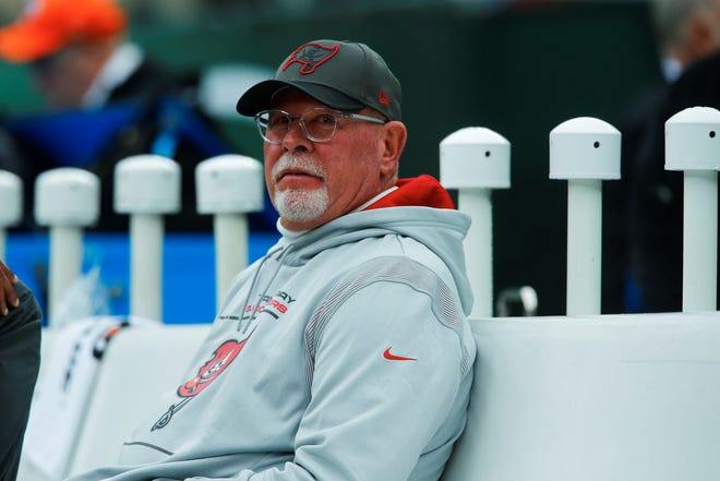 Tampa Bay Buccaneers head coach Bruce Arians before an NFL football game against the New York Jets, Sunday, Jan. 2, 2022, in East Rutherford, N.J. (AP Photo/John Munson)