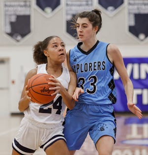 Twinsburg's Makayla Busicnki drives on Hudson's Constance Loring during a game earlier this season.