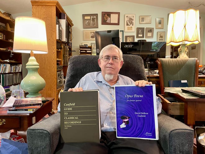 David DeBoor Canfield shows two of his works: the fifth edition of the "Canfield Guide to Classical Recordings" reference book from 2000, and the score for his "Opus Pocus" for clarinet quartet.