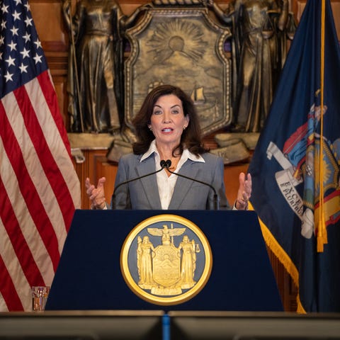 Gov. Kathy Hochul delivers a COVID-19 briefing in 