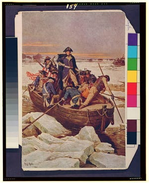 Emanuel Luetze, a German American painter, rendered George Washington's crossing of the Delaware River en route to Trenton, New Jersey, during the American Revolutionary War on Dec. 25-26, 1776.
