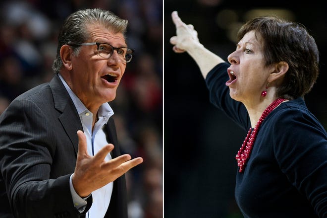 UConn head coach Geno Auriemma gestures during a  game against Oklahoma in Uncasville. At right, former Notre Dame head coach Muffet McGraw yells to players during a game against Boston College in South Bend.