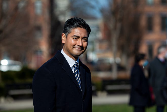 Cincinnati Mayor Aftab Pureval speaks to the media after being sworn in as Cincinnati mayor at the inaugural session of the city council held at Washington Park in Over-the-Rhine on Tuesday, Jan. 4, 2022.