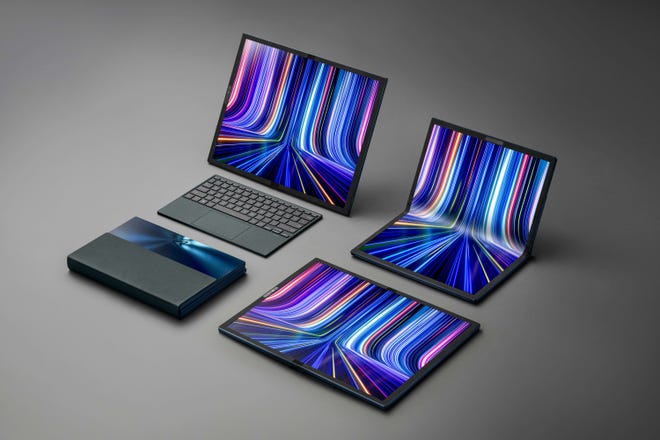 When folded, this ASUS Zenbook can be placed in a purse or backpack. When opened, it can be used in several modes.