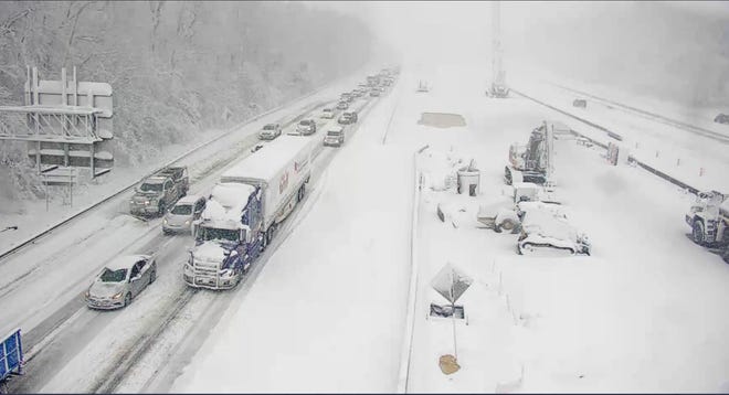 Northbound and southbound sections of Interstate 95 near Fredericksburg, Va., are closed Jan. 3 because of snow and ice.