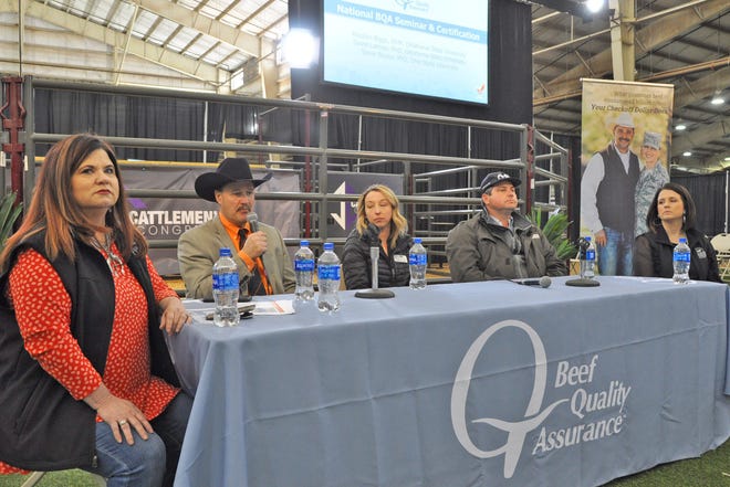 Heather Buckmaster, left, executive director of the Oklahoma Beef Council, hosted a Beef Quality Assurance program during the second annual Cattlemen’s Congress in Oklahoma City. The panel of breed association leaders who participated included, from left, Clink Rusk, the new executive vice president of the American-International Charolais Association; Megan Slater, executive director of the American Gelbvieh Association; Shane Bedwell, chief operating officer for the American Hereford Association; and Kara Lee, assistant director of producer engagement for Certified Angus Beef.