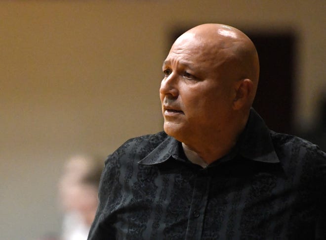 Veterans Memorial Girls Basketball head coach Roy De La Pena performs on the sidelines against Flour Bluff on Tuesday, January 4, 2022 at Flour Bluff High School.  The Veterans Memorial won, 41-40.