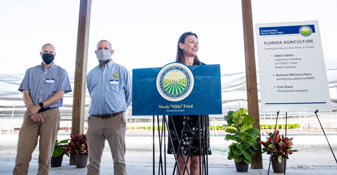 Nikki Fried, the Florida Commissioner of Agriculture speaks at a press conference at Keepsake Plants in Alva on Wednesday, Jan. 5, 2022. She held a roundtable discussion with area producers to discuss water quality and FDACS Best Management Practices.