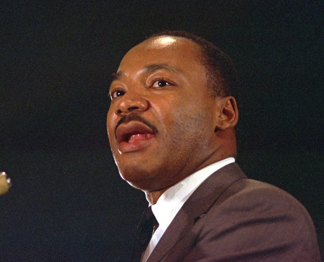 The Rev. Martin Luther King Jr. is shown speaking at a peace rally in New York City in this April 15, 1967, photo.