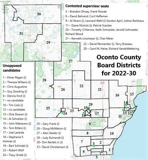 The map of supervisor districts in Oconto County with the list of candidates.