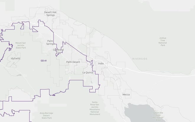 A map showing how the Coachella Valley will be divided between two new congressional districts.