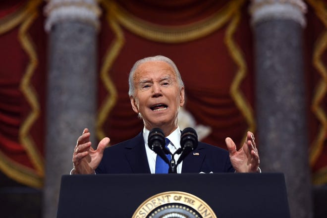 President Joe Biden speaks at the US Capitol on Jan. 6, 2022, one year after the attack on the Capitol in Washington, DC.