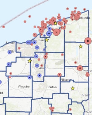 The Ohio Department of Natural Resources website has an interactive map that shows the location, intensity and related information for earthquakes in the state. This section shows the cluster of earthquakes that have taken place in and near Lake and Ashtabula counties, including three in the past week.