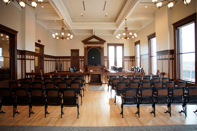 The courthouse's courtroom, which is now the county commission chambers, has a restored, coffered ceiling and some windows that have been reopened. This photo was taken from where a conference room used to be, but that wall was removed to open up the space. A video monitor will be mounted behind the commission chairman's desk.