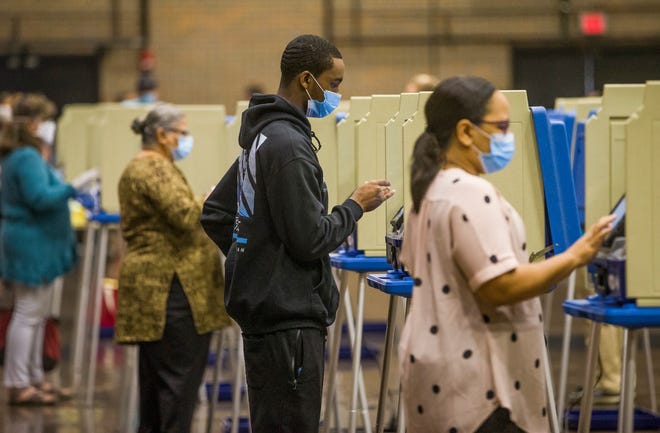Voters cast ballots for the 2020 primary election inside the Century Center in South Bend on June 2, 2020.
