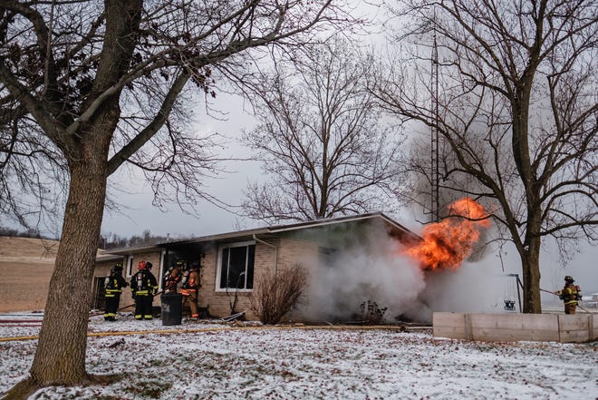 Firefighters work to extinguish a house fire at 2053 Baker Rd. SW, Friday, Jan. 7 in York Township. New Philadelphia and Dover fire departments also responded to the fire. No injuries were reported.