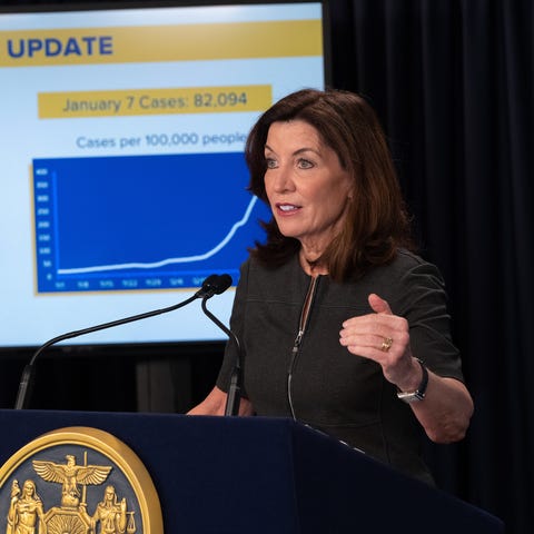 New York Gov. Kathy Hochul during a COVID-19 media