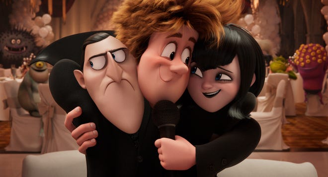 "Hotel Transylvania: Transformania" (Jan. 14, Amazon Prime): Johnny (voiced by Andy Samberg, center) cuddles up with father-in-law Drac (Adam Sandler) and wife Mavis (Selena Gomez) in the fourth and final installment in the animated monster-comedy franchise.