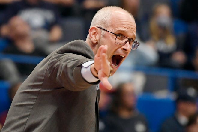 Connecticut head coach Dan Hurley calls out to his team during the Huskies' 89-54 win against Coppin State in Hartford.