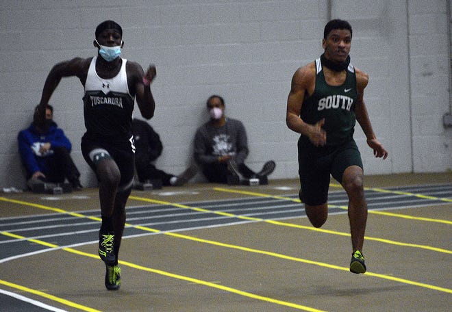 South Hagerstown's Cole Schlotterbeck leads Tuscarora's Korell Asamoah in the fast heat of the boys 55 during the Dwight Scott Invitational indoor track and field meet Saturday at HCC. Schlotterbeck ran a personal-best 6.55 seconds and finished second to Catoctin's Brody Buffington. Earlier in the meet, Schlotterbeck won the 300 in a personal-best 36.80.