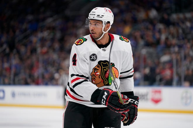 Chicago Blackhawks' Seth Jones in action during the second period of an NHL hockey game Saturday, Oct. 30, 2021, in St. Louis. (AP Photo/Jeff Roberson)