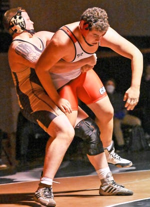 Western Wayne’s Thomas Flood has the upper hand during recent Lackawanna League wrestling action. Flood is a senior captain who competes at the 285-pound weight class.