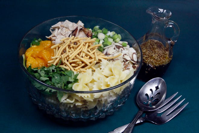 Colorful with a variety of tastes and textures, Sesame Chicken Pasta Salad with Ginger Dressing hits the spot.