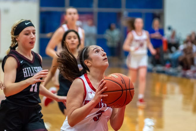 Heritage's Elise Stafford eyes the basket during Friday night's District 11-4A home game against Hillsboro. The Jaguars rolled to an 84-19 rout.