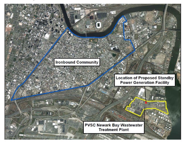 Map of where Passaic Valley Sewerage Commission is proposing to build a power plant along the Passaic River in Newark.