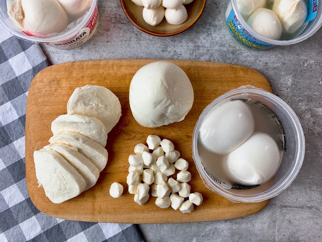 Fresh mozzarella is sold in several different sizes, which is a great thing, because the difference in texture and taste is stunning.