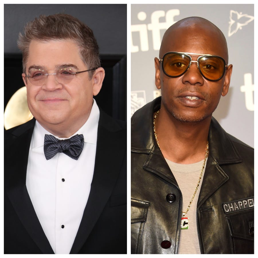 Patton Oswalt (left) faced backlash after he shared a photo of himself with his friend Dave Chappelle (right), whose 2021 comedy special "The Closer" prompted an outpouring of criticism regarding its transphobia.