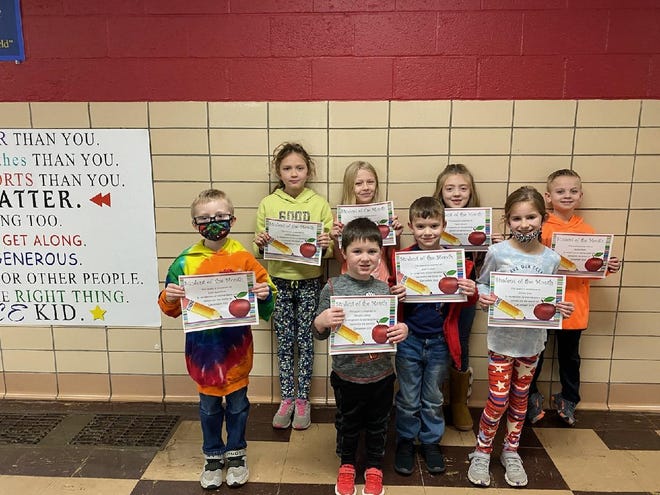 December Students of the Month at the R.F. McMullen Elementary School are, in front, kindergarten students Benjamin Shetler and Gage Frasher, and first-graders Liam Kauffman and Paisley Goudy; and in back, second-graders Alfretta Gray and Anson Stake and third-graders Ophelia Henwood and Althea Collett.