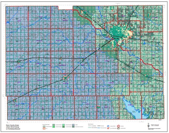 The blue area on this map of Reno County shows where new commercial wind regulations will apply, while the area in green is where commercial wind development is banned.