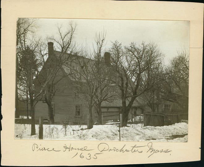 This exterior view shows the back and one side of the Pierce House in Dorchester during the winter of 1938.