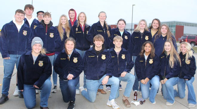 Nevada FFA members who attended Ignite, Amplify and Transform leadership conferences on Saturday, Nov. 13, were (front, left to right) Mekenzie Arends, Emma Duarte, Jace Davenport, Aden Bearden, Keely Williams, Lily Henderson, Hallee Schadt, (back row) Carson Reed, Riley Murphy, Justin Mattingly, Gavin Egeland, Ava Vanderheyden, Caleb Jensen, Alexis Muschick, Alexis Bartmess, Abigail Collins, Treva Sawyer, Josie Kelly and Savannah Miller. Not pictured, Kevin Cooper, Nevada FFA advisor.