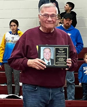 Wabasso wrestling legend Gary Hindt was inducted into the Wabasso Hall of Fame on Saturday, Jan. 8 as part of the Rabbits home triangular with St. James Area and Madelia-Truman-Martin Luther. Hindt retired in 2017 as the only wrestling coach in the long and storied history of Wabasso wrestling after 49 season. His overall record of 807-214-6 is second overall in state history and he was inducted into the Minnesota Wrestling Coaches Hall of Fame in 1994. Hindt took four teams to State, finishing second in 2004 and also coached six individual state champions.