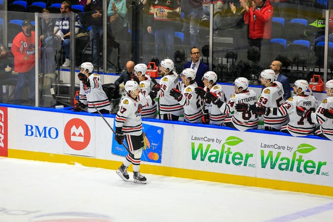 Striker Lucas Rachel receives congratulations from the Rockford IceHogs bench during his four-point game with two goals and two assists on Friday, January 11, 2022, in Rockford.