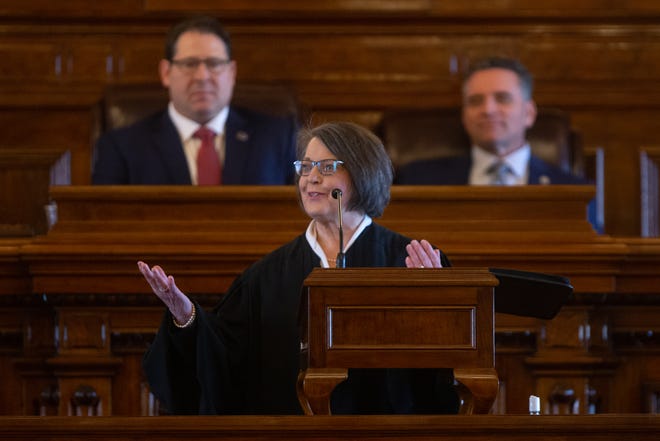 Marla Luckert, chief justice of the Kansas Supreme Court, presents before the legislature Tuesday for the annual State of the Judiciary address at the Statehouse.