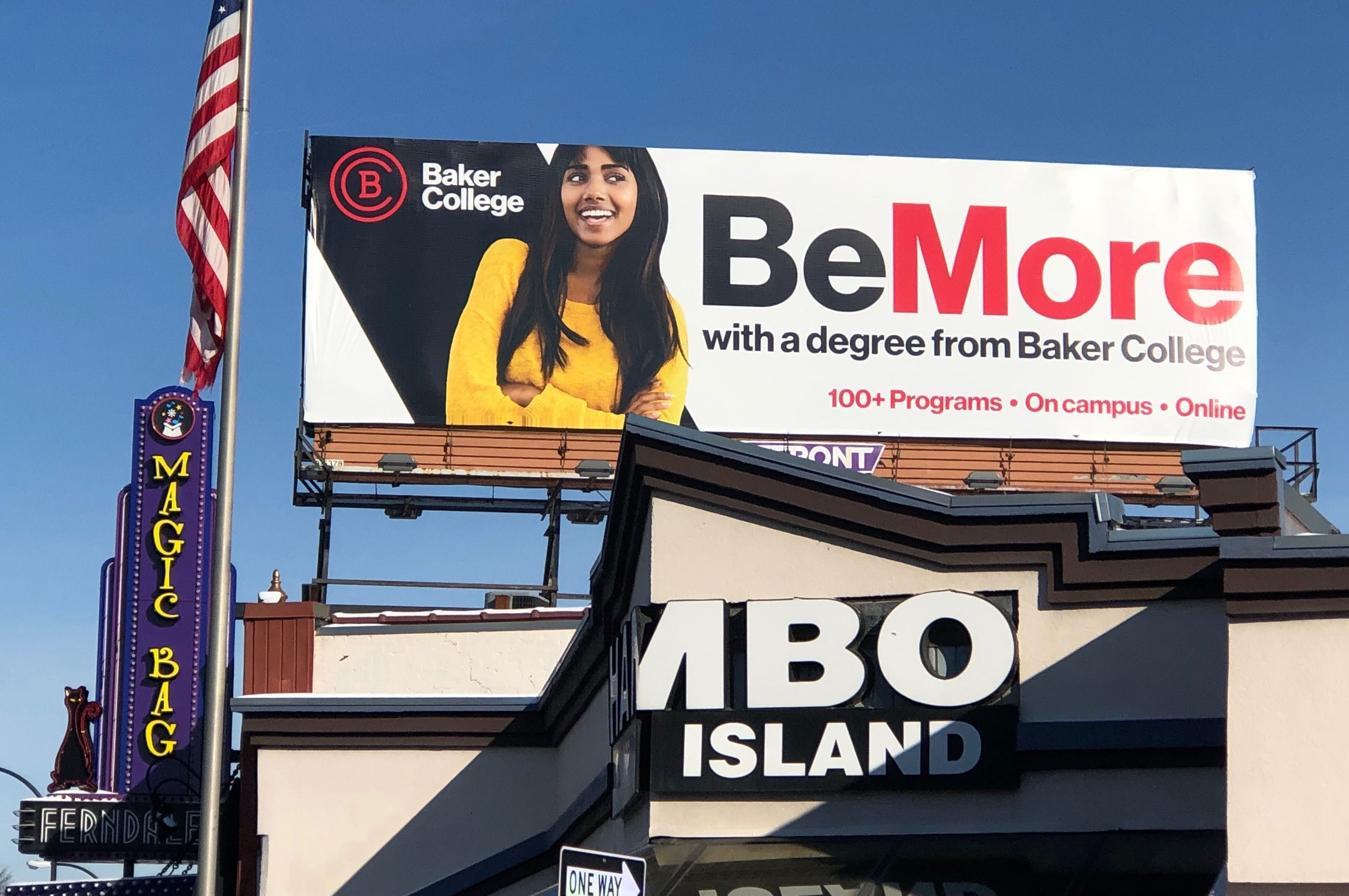 A billboard for Baker College in 2019 on the east side of Woodward Avenue north of Vester Avenue in Ferndale.