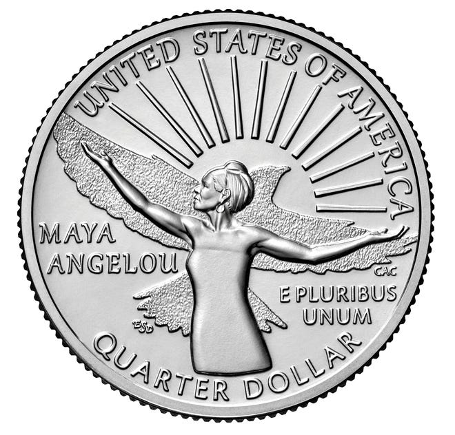 Quarters menampilkan gambar penyair Maya Angelou adalah koin pertama di American Women Quarters Program Amerika Serikat Mint.