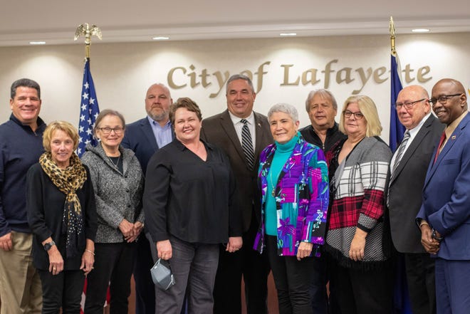 The Lafayette City Council, top row from left, Major Tony Roswarski, Steve Snyder, Kevin Klinker, Jerry Reynolds, bottom row from left, City Clerk Cindy Murray, Nancy Nargi, Lauren Ahlersmeyer, Eileen Hession Weiss, Melissa Weast-Williamson, Bob Downing and Terry Brown, Monday, Jan. 10, 2022 in Lafayette.