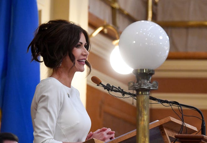 Governor Kristi Noem gives the State of the State address on Tuesday, January 11, 2022, at the South Dakota State Capitol in Pierre.