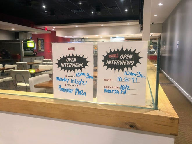Signs at the El Diablo in Brandywine Hundred's Branmar Plaza advertise open interviews.